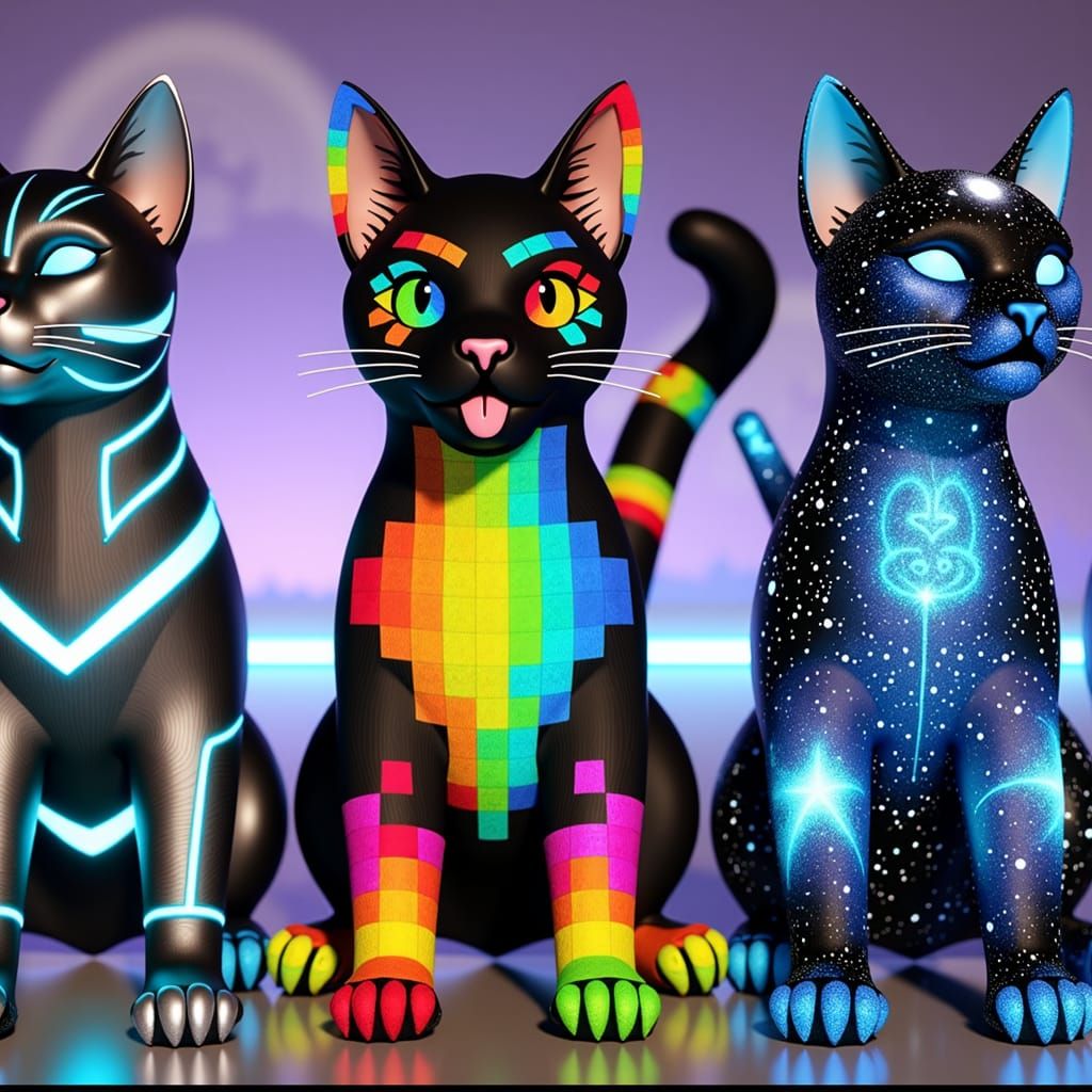 Futuristic Cats Nova, Spark, and Astra in Digital Realm