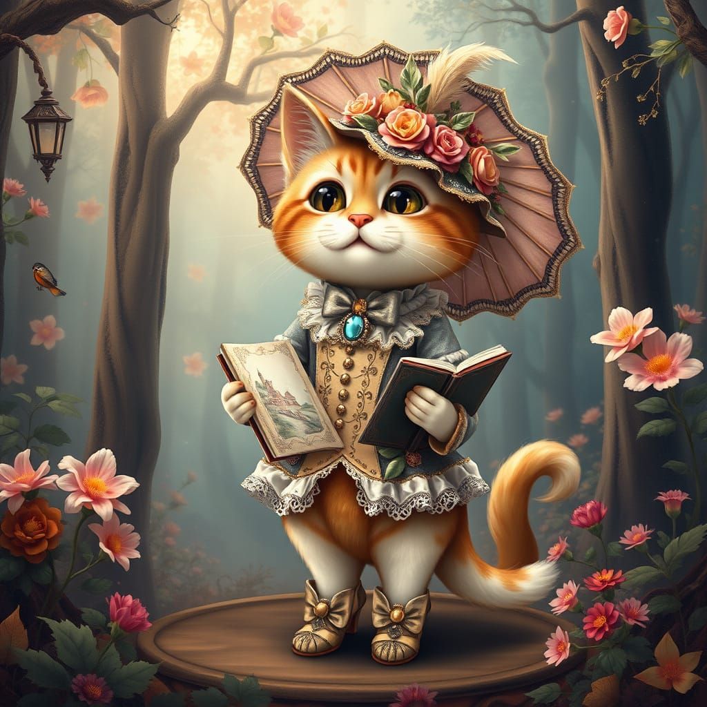 Whimsical Kawaii Cat in Victorian Fantasy Concept Art