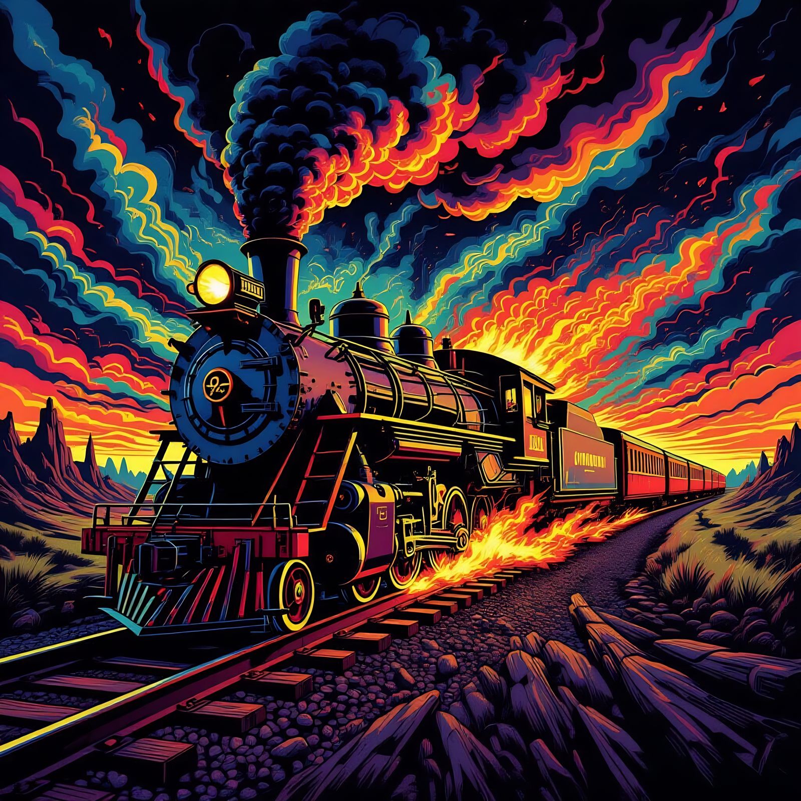 Psychedelic Steam Train in Surreal Landscape