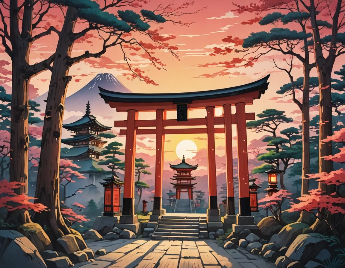 Anime Shinto Shrine at Sunset in Utagawa Hiroshige Style