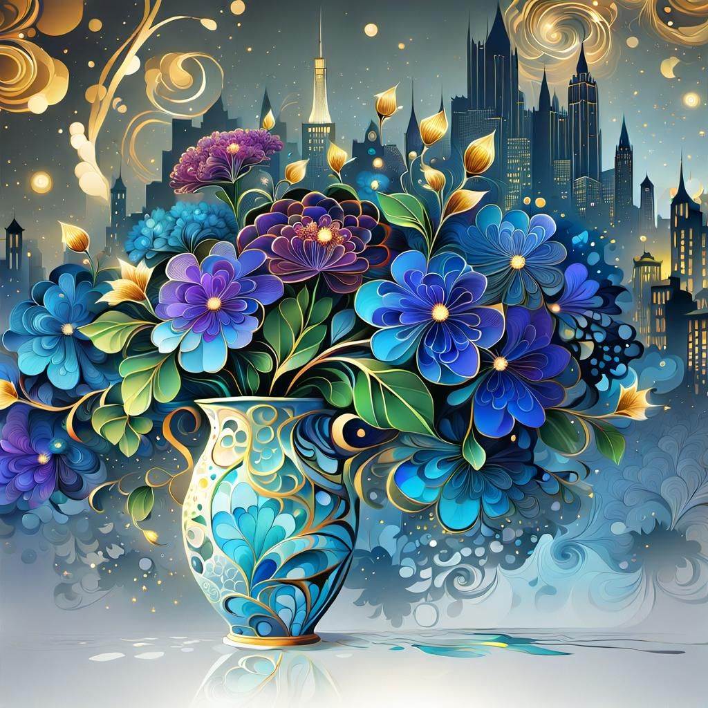 Abstract Bouquet in Night Metropolis, Zentangle Ink Painting