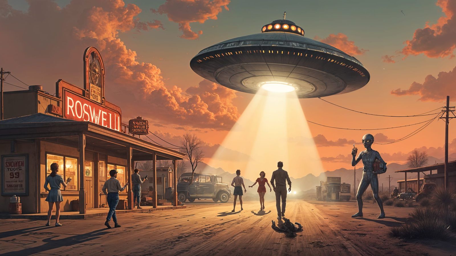 1950s Sci-Fi Invasion: UFO Descends on Desert Town