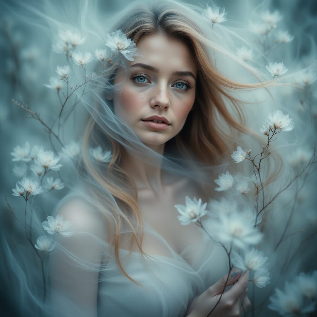 Ethereal Woman in Luminescent Mist, Dreamy Art