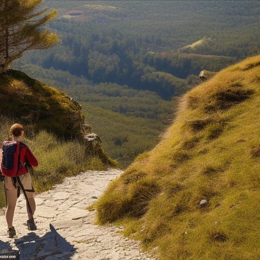 Hikers on Mountain Path in Expressionistic Style