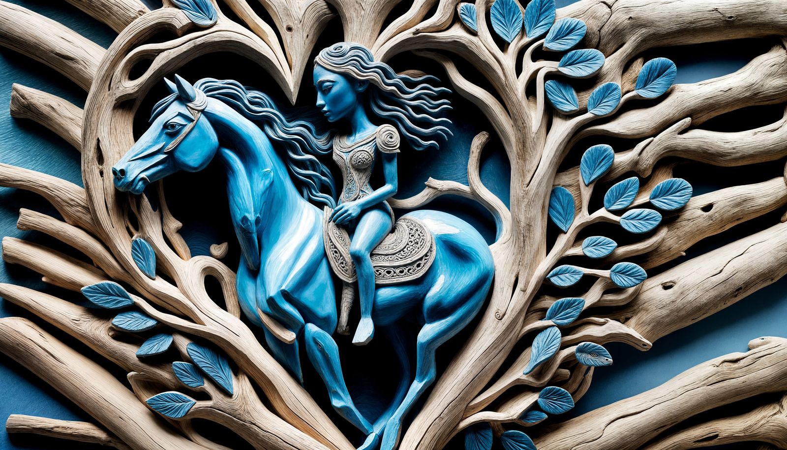 Driftwood Woman Sculpture with Heart and Horse