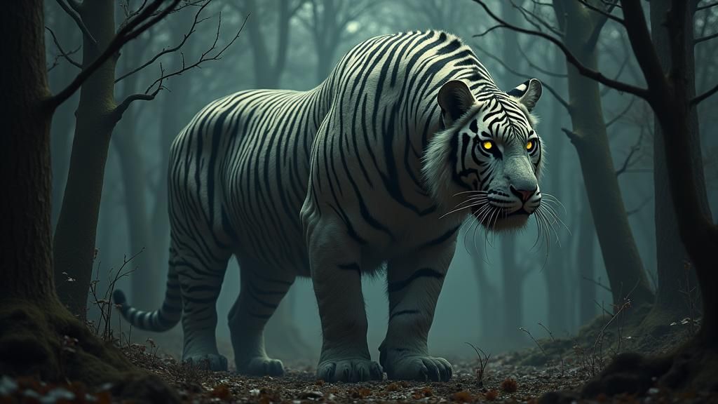 Majestic Zebra-Tiger Fusion in Dark Gothic Forest