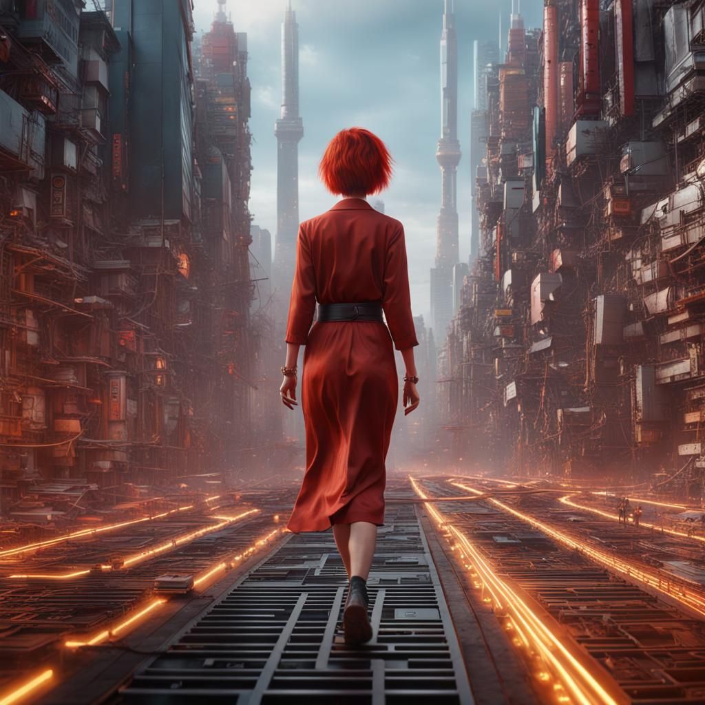 Asian Woman Walks on Circuit Board in Hyperrealist Style