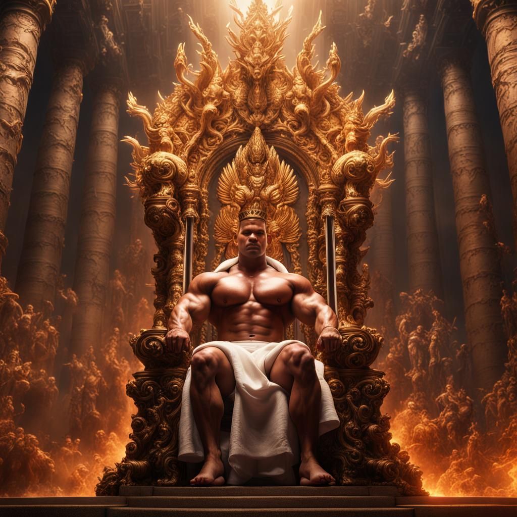 Heavens: Bodybuilder King Yagya on Throne, Detailed Matte Pa...