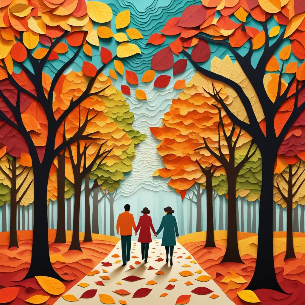 Folk Art Collage: Couple in Autumn Park