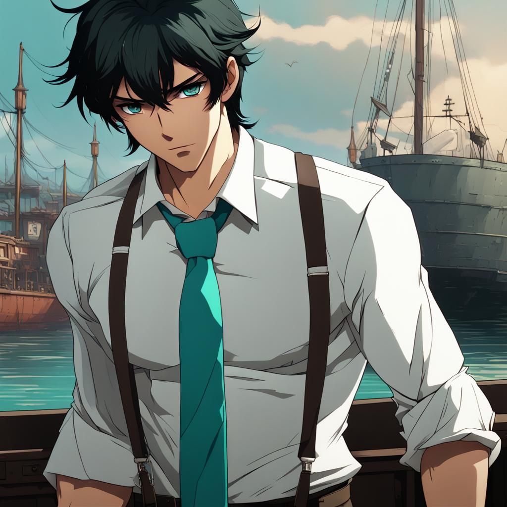 Anime Man at Port in Dark Fantasy Style