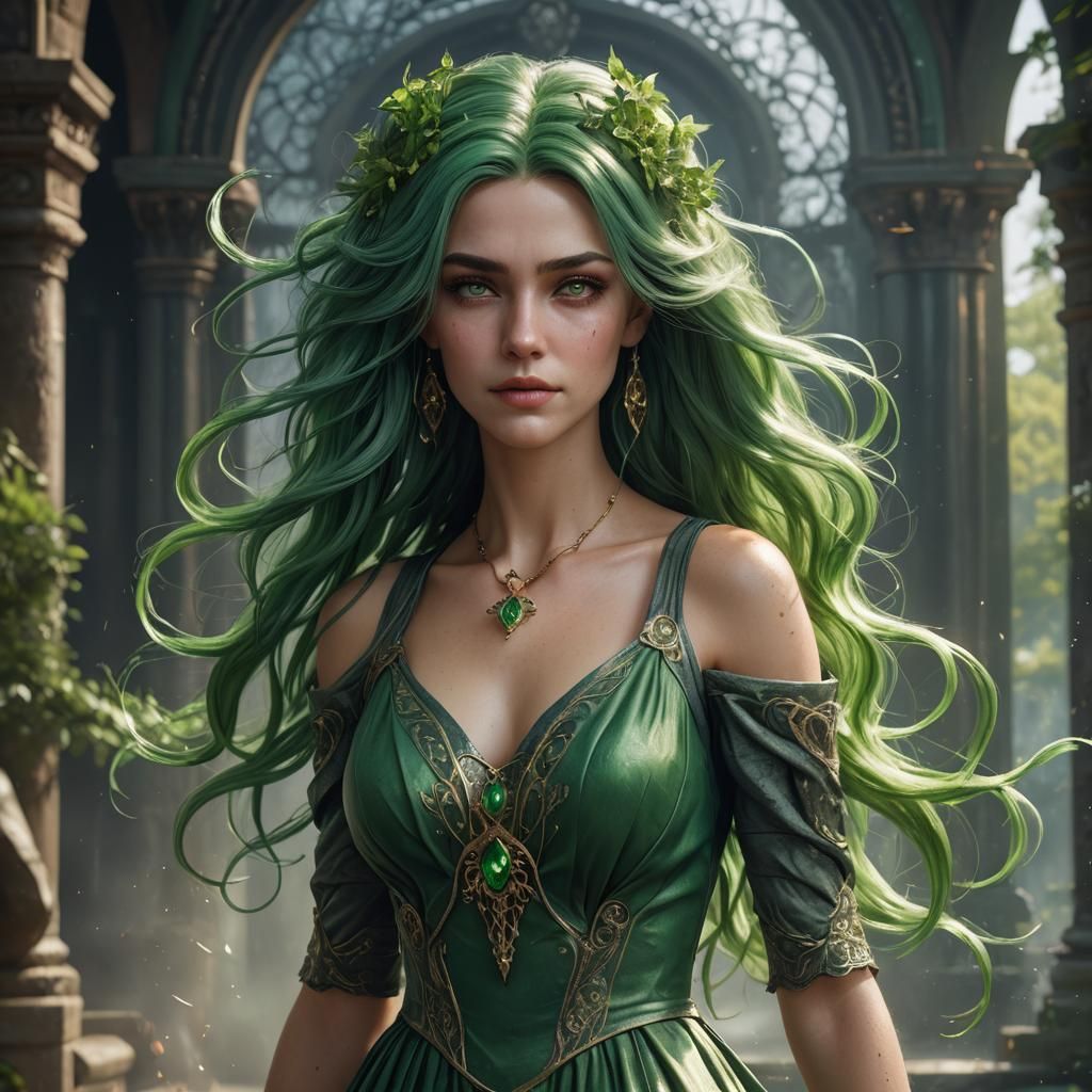 Fantasy Woman with Flowing Green Hair, Detailed Painting