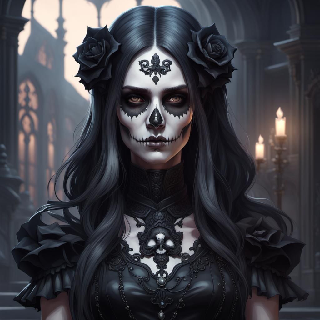 Gothic Woman in Skull Dress: Hyperdetailed Portrait