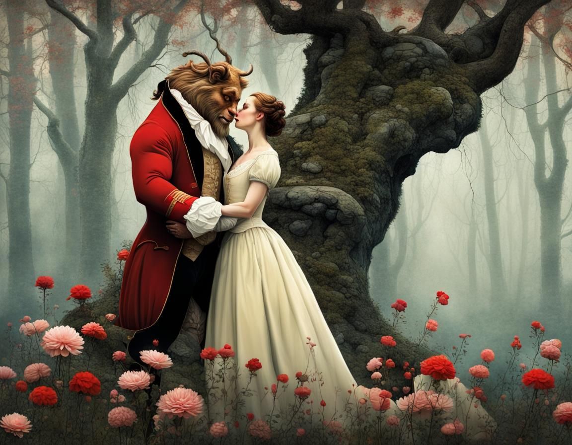 Beauty and the Beast in Rainy Forest, Watercolor Art