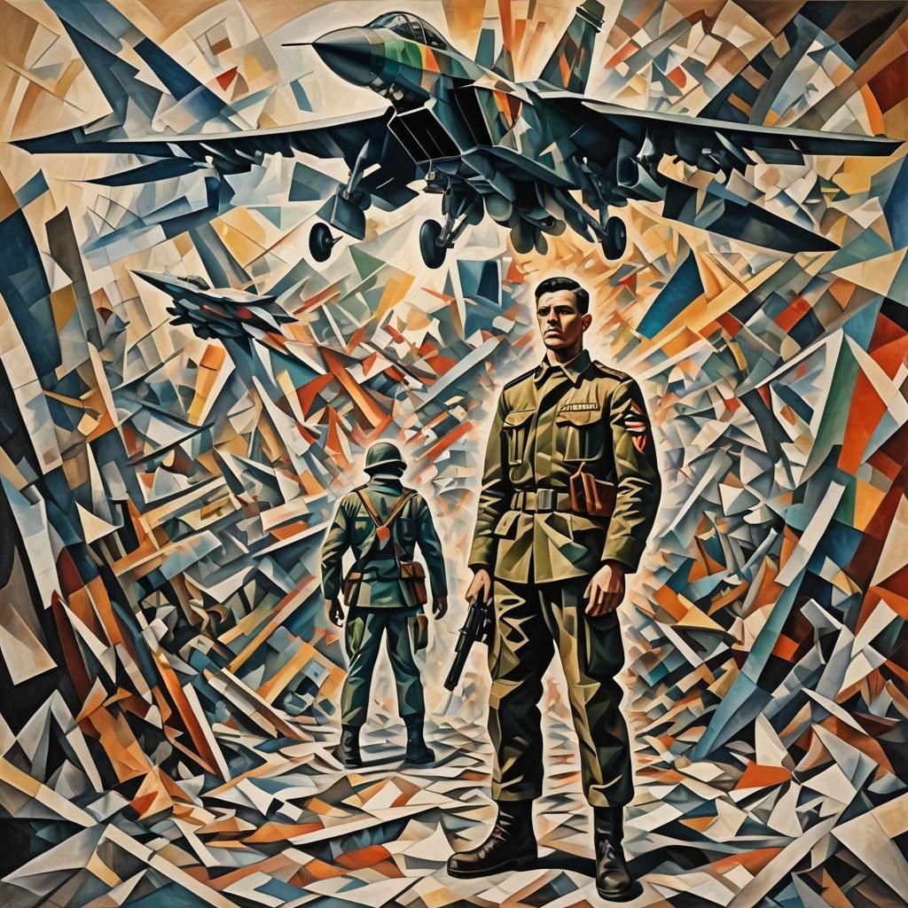 Heroic Soldier in Blazing Jet Wreckage, Cubist Style