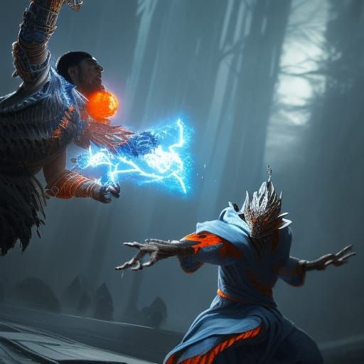 Wizard Versus Warlock Battle in Photorealistic Style