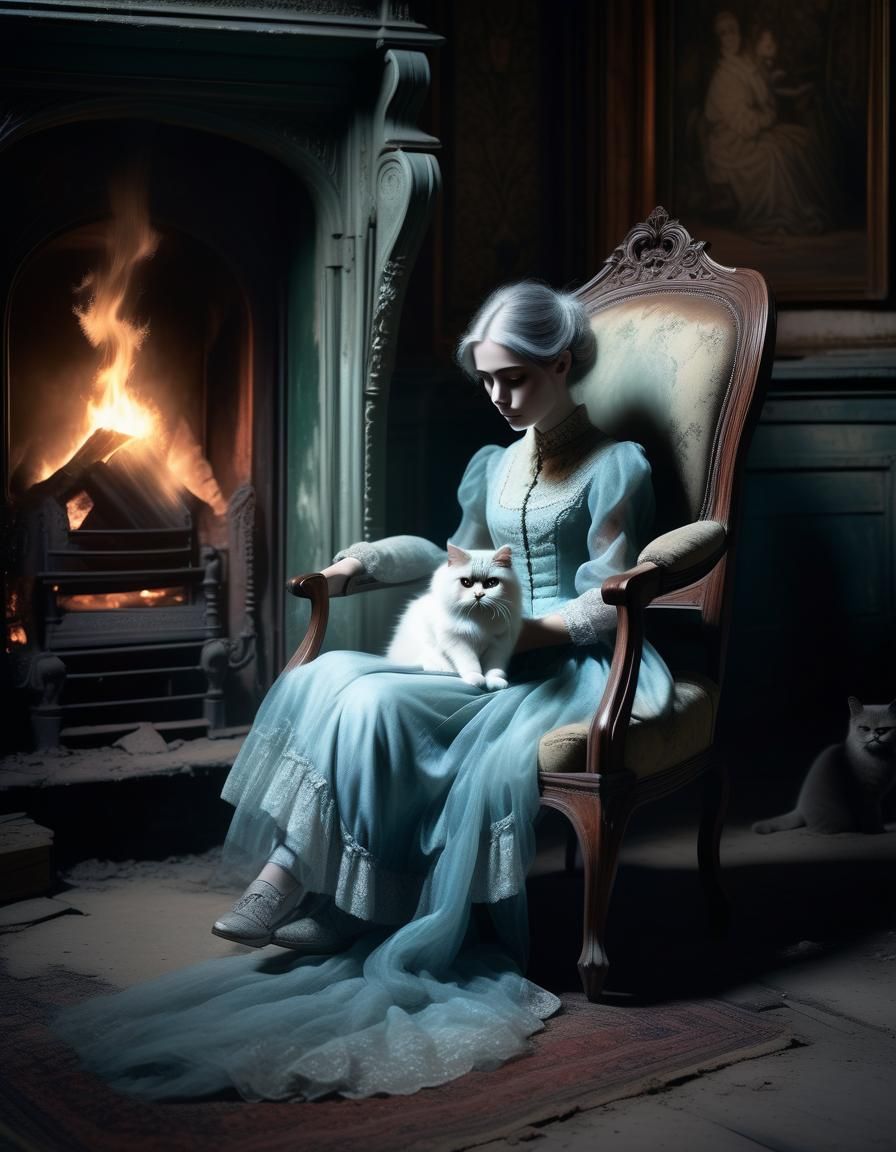 Ethereal Ghost Woman with Cat in Haunted Mansion