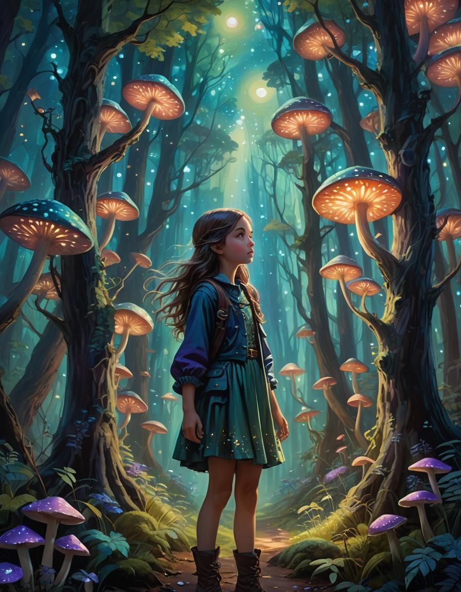 Mystical Forest Scene with Girl and Creature