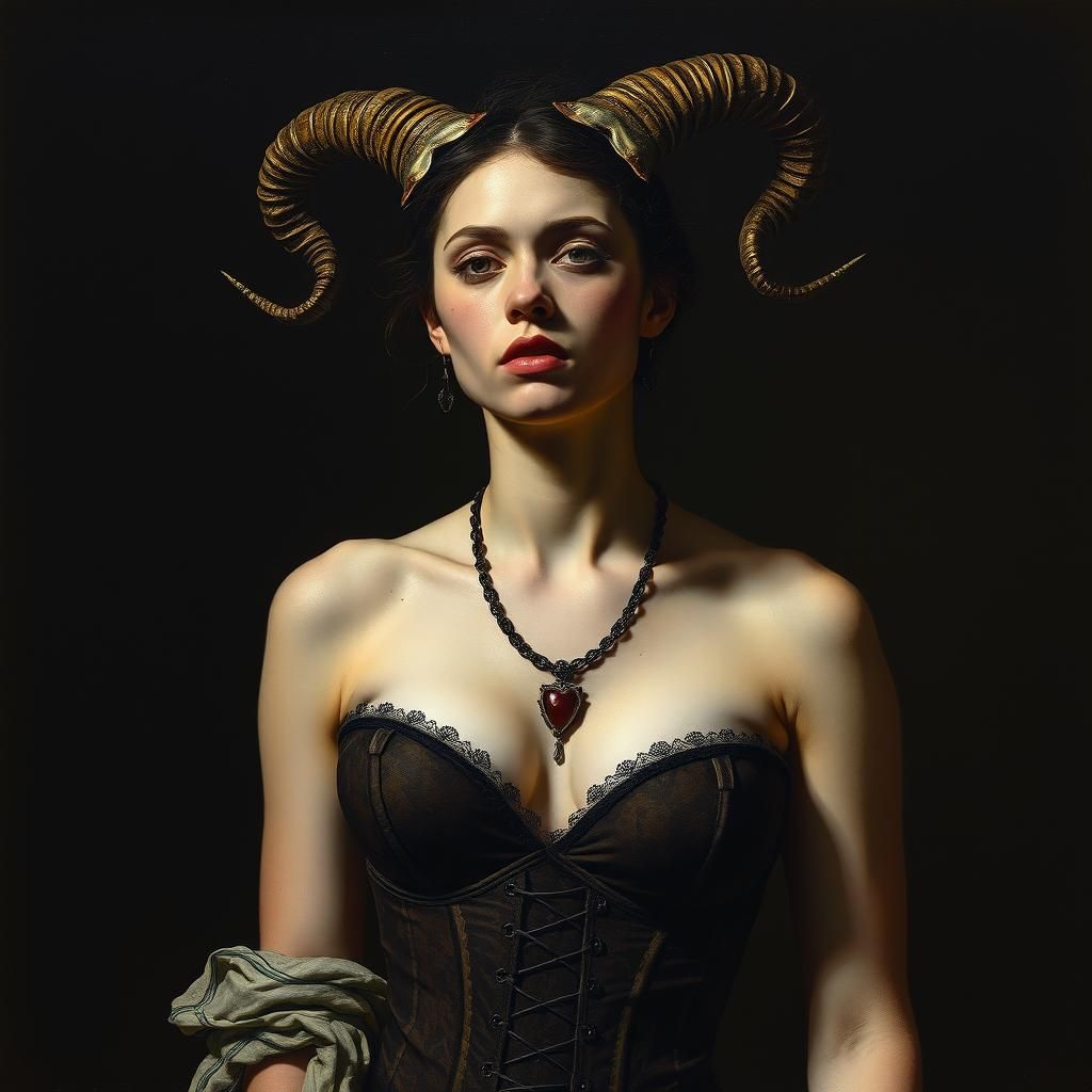 Chiaroscuro Corset: Horned Woman in Dark Painting