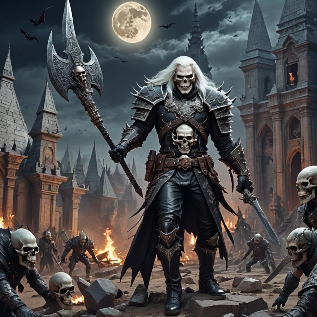 Giant Vampire Warrior with Skull Axe at Night