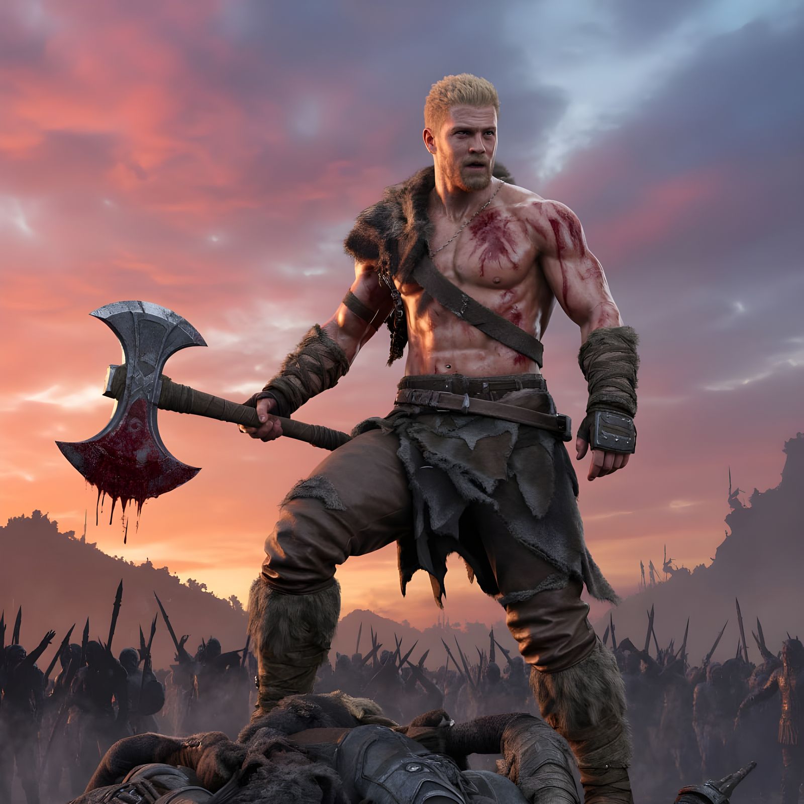 Victorious Barbarian Warrior on Battlefield at Sunset
