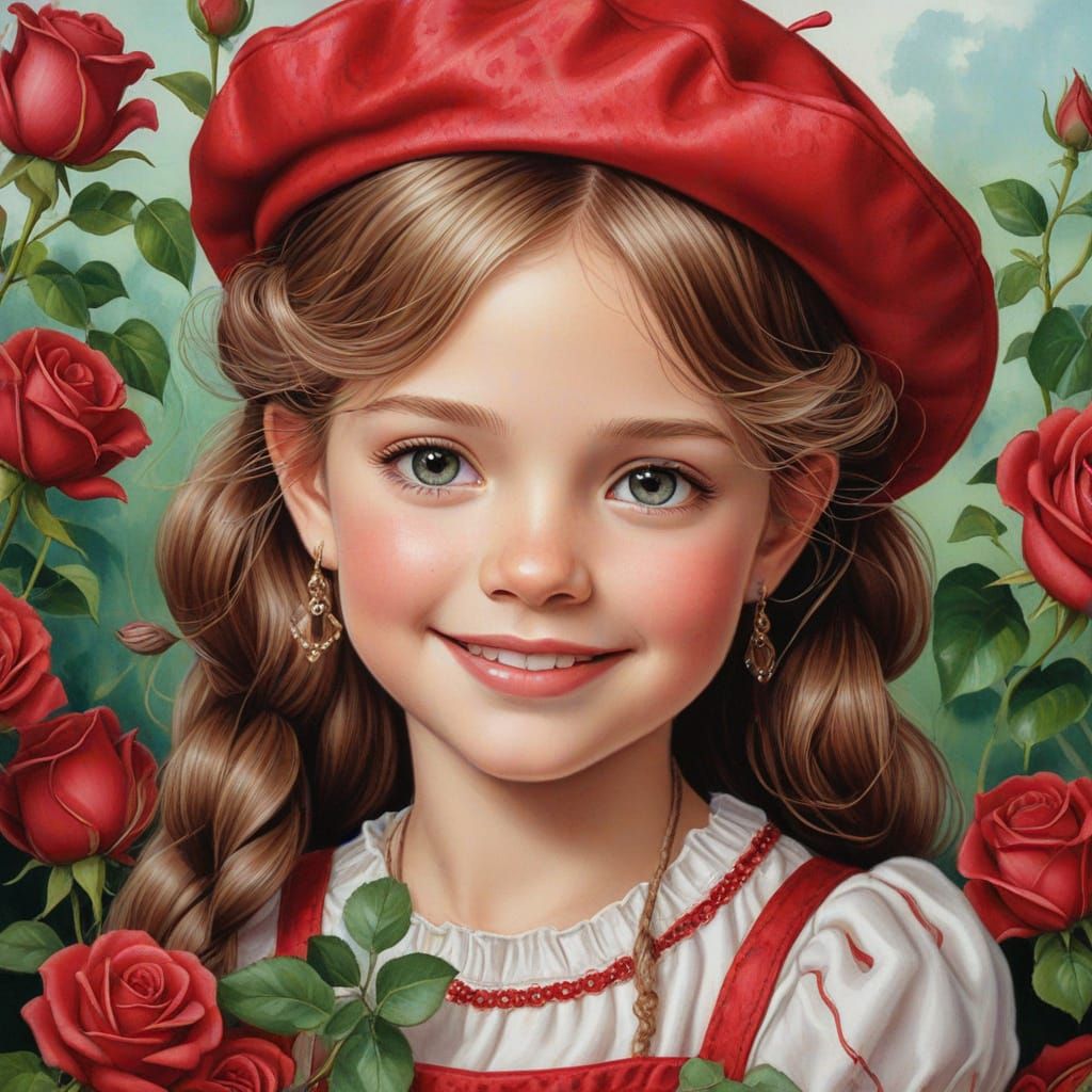 Girl with Roses in Summer Dress, Realistic Colored Pencil Ar...