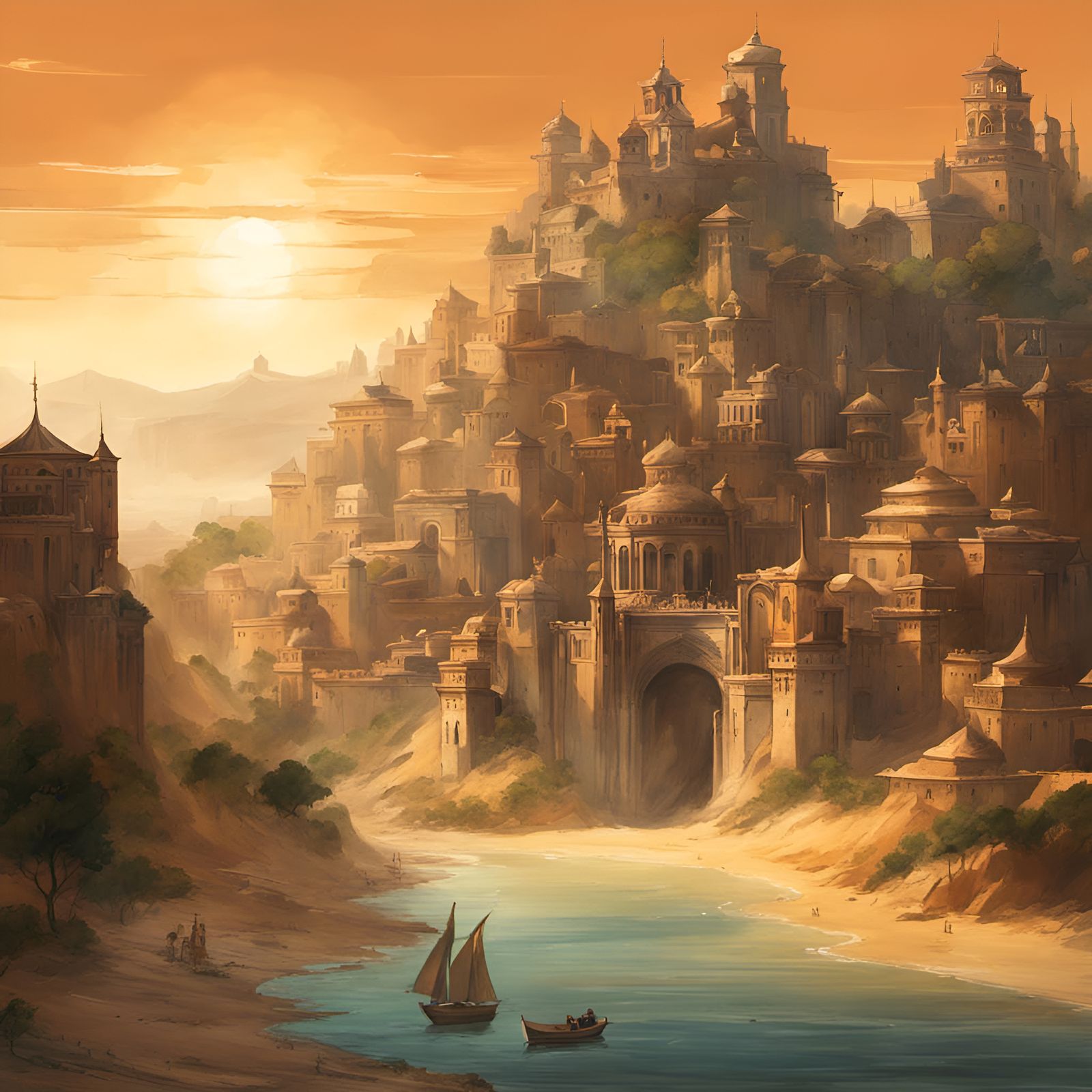 Watercolor Medieval City with Arabic Architecture