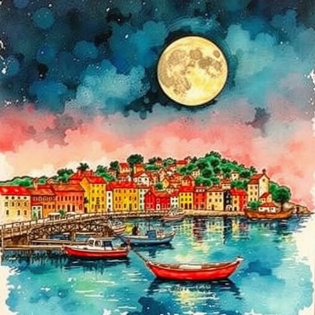 Harbor Village with Moon in Alcohol Ink Style