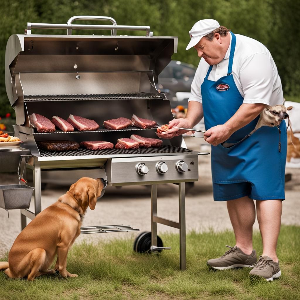 Dog Steals Meat at Grill Stand Photo