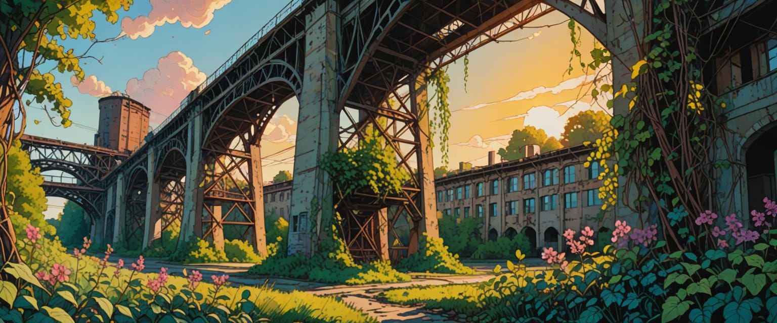 Abandoned Factory Under Bridge in Comic Book Style
