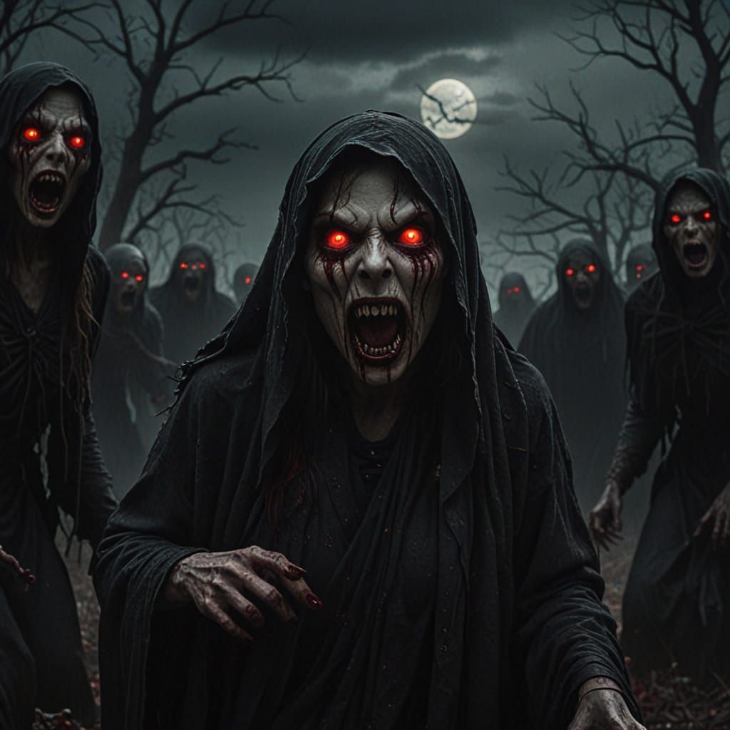 Hordes of Red-Eyed Ghouls in Dark Fantasy Landscape