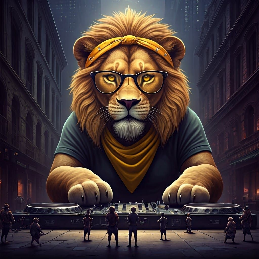 Giant DJ Lioness Plays Music in a Whimsical Cartoon