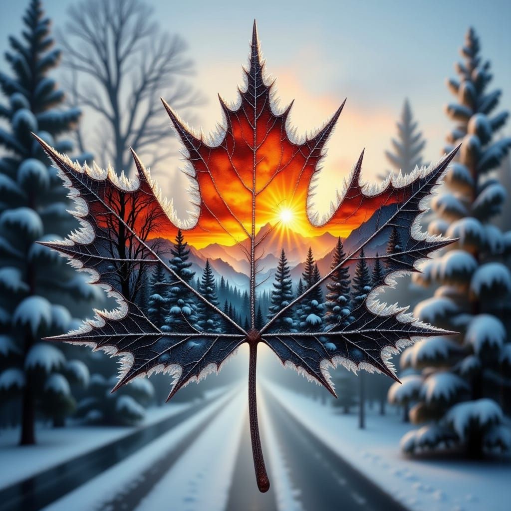 Surreal Double Exposure Painting of Frosted Maple Leaf on Wi...