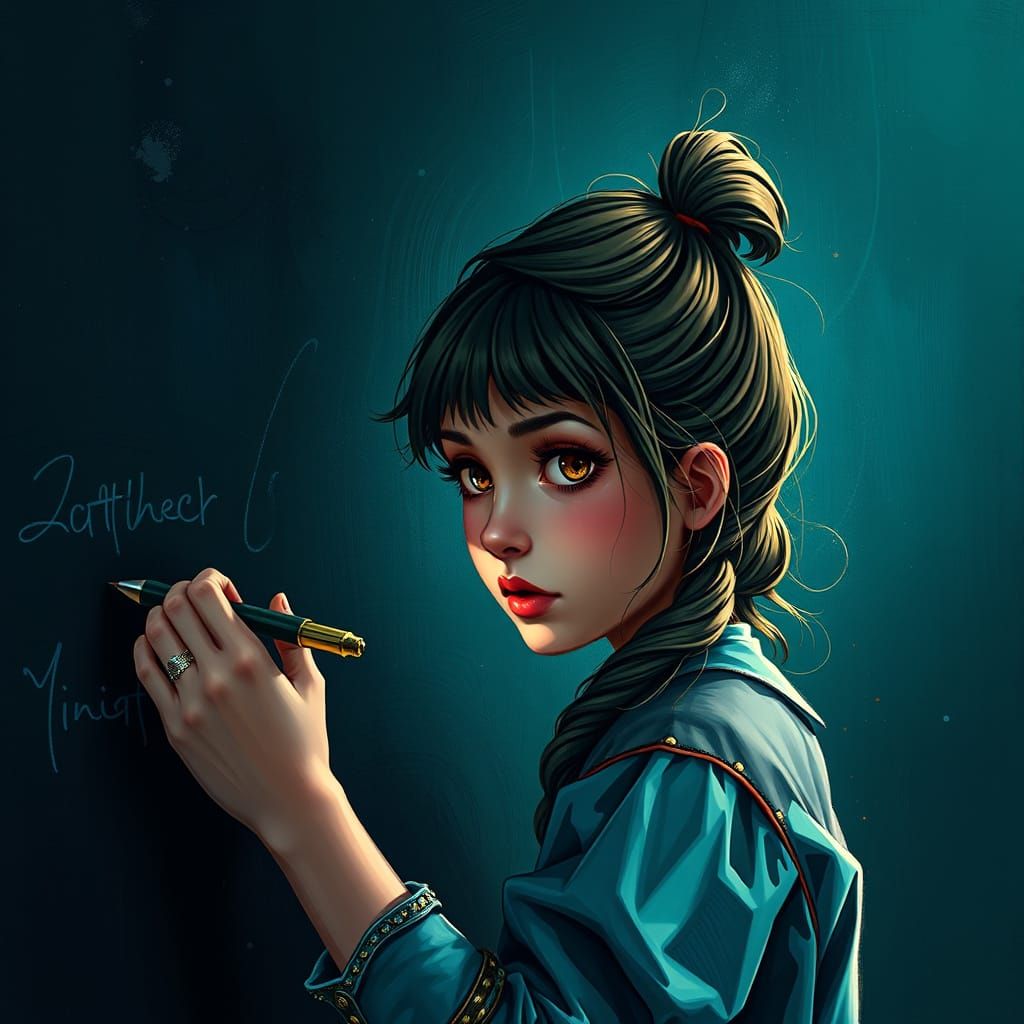 Fantastical Girl Writes on Blackboard in Vibrant Colors