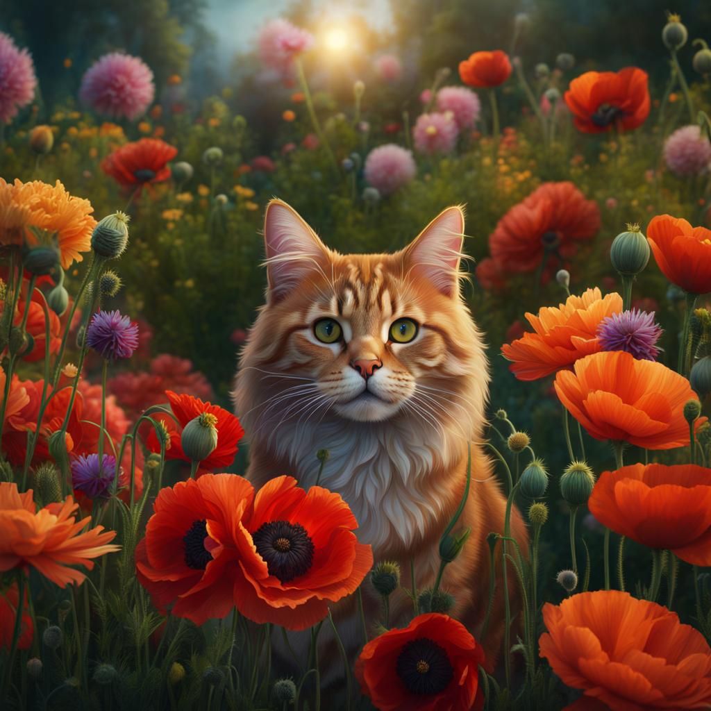 Wild garden catspoppies, mums, zinnias, peonies, dahlias, oriental poppies catsand a sleeping cat detailed matte paintin...