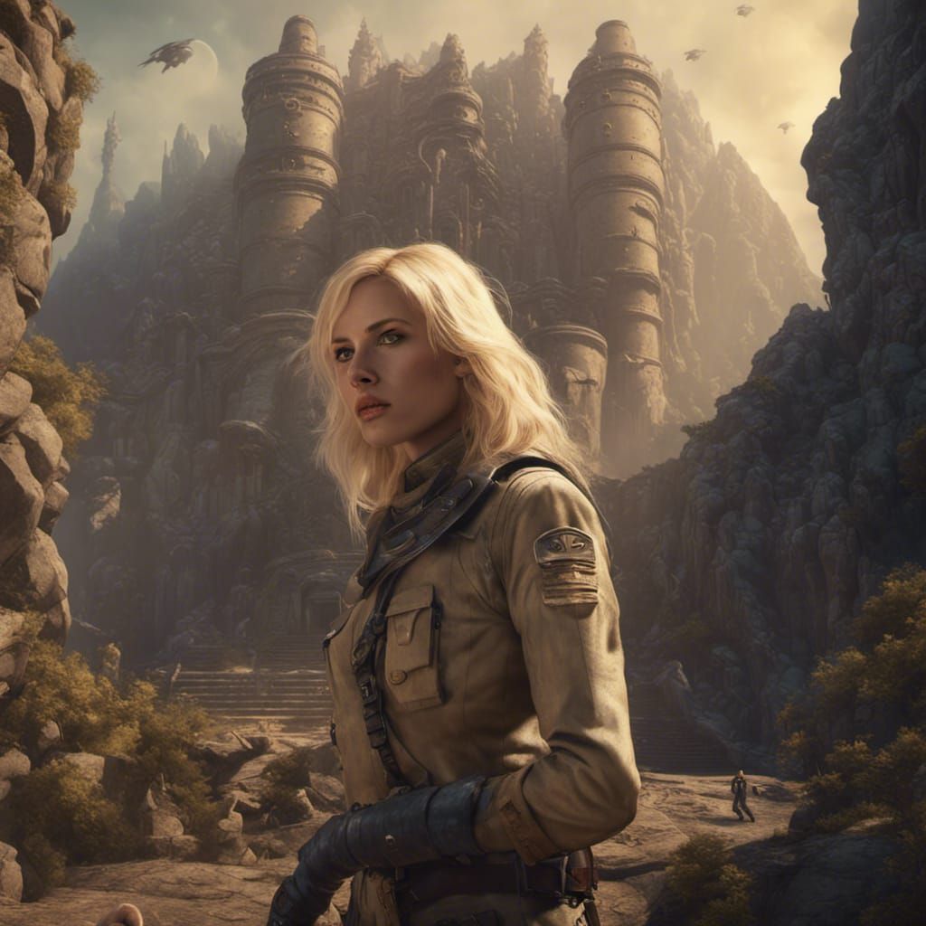 Blonde Archeologist Confronts Alien Machines in Dark Fantasy...