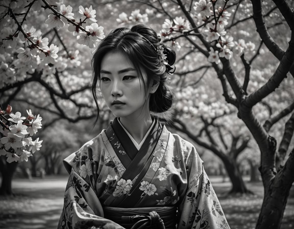 Samurai Girl in Black and White Realism