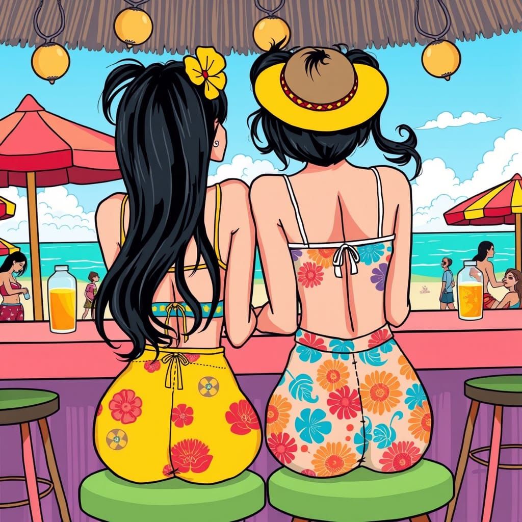 Joyful Beach Bar Scene in Cartoon Comic Art Style
