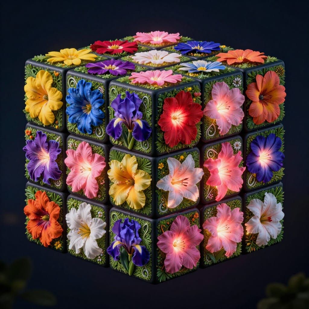 Floral Rubik's Cube Fantasy Night Scene