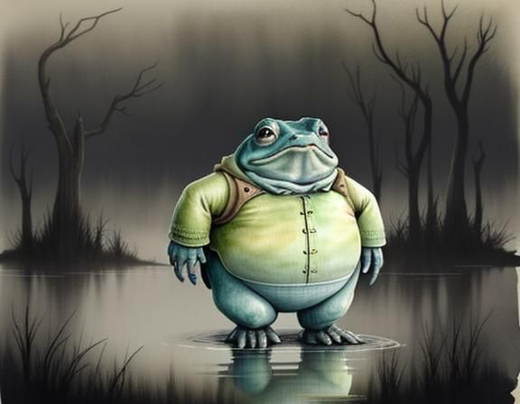 Bullywug in Misty Swamp: Watercolor Pastel Illustration