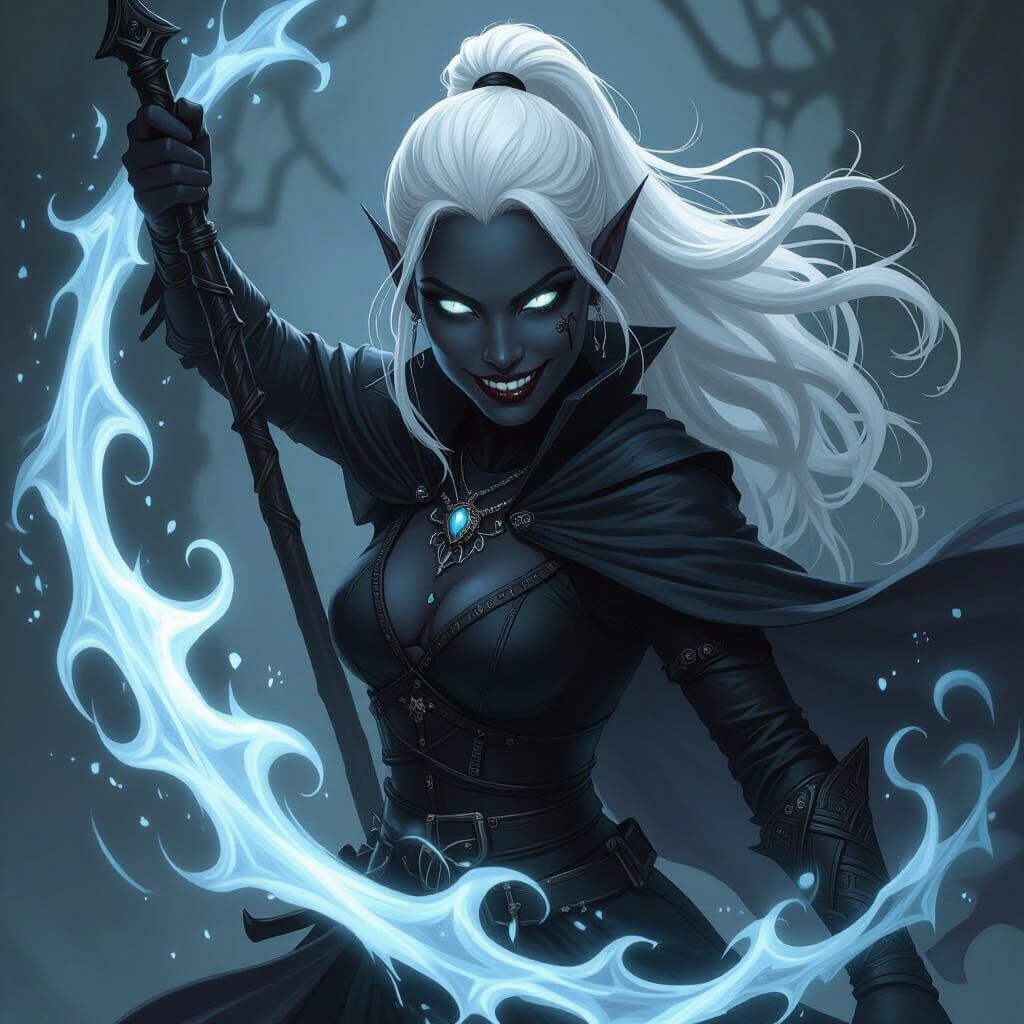Drow Shadow Warlock Wielding Glaive in Dark Fantasy Style