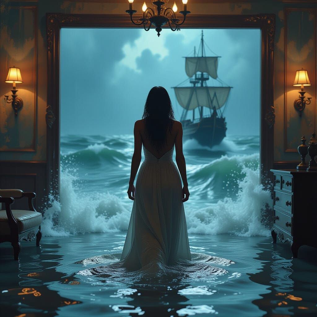 Woman in Flooded Room, Stormy Sea Painting
