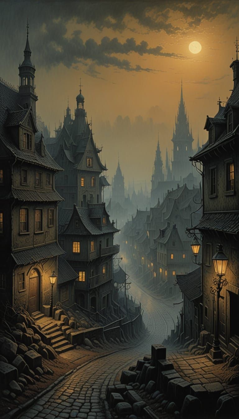 Misty Cobblestone Street in a Quaint, Slumbering Town