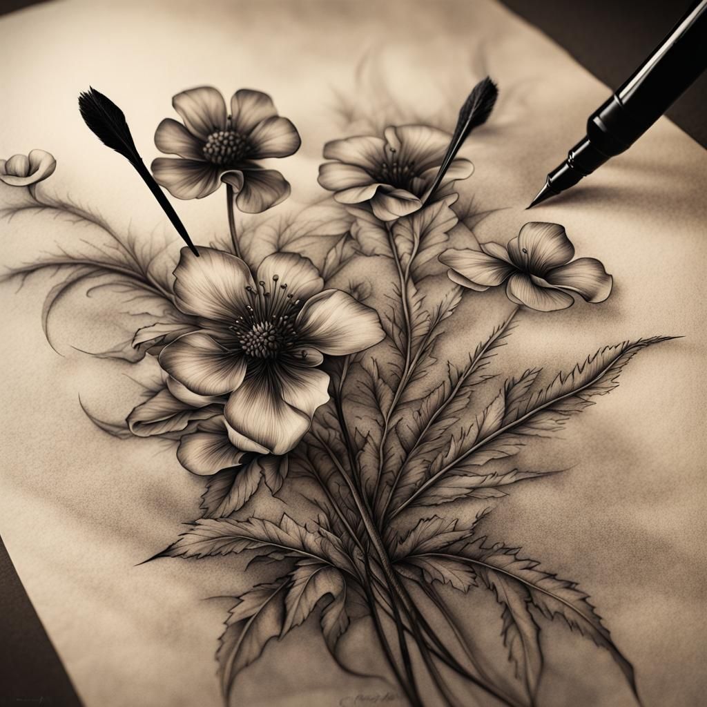 Calligraphic Flowers Drawn in Black Ink on Parchment