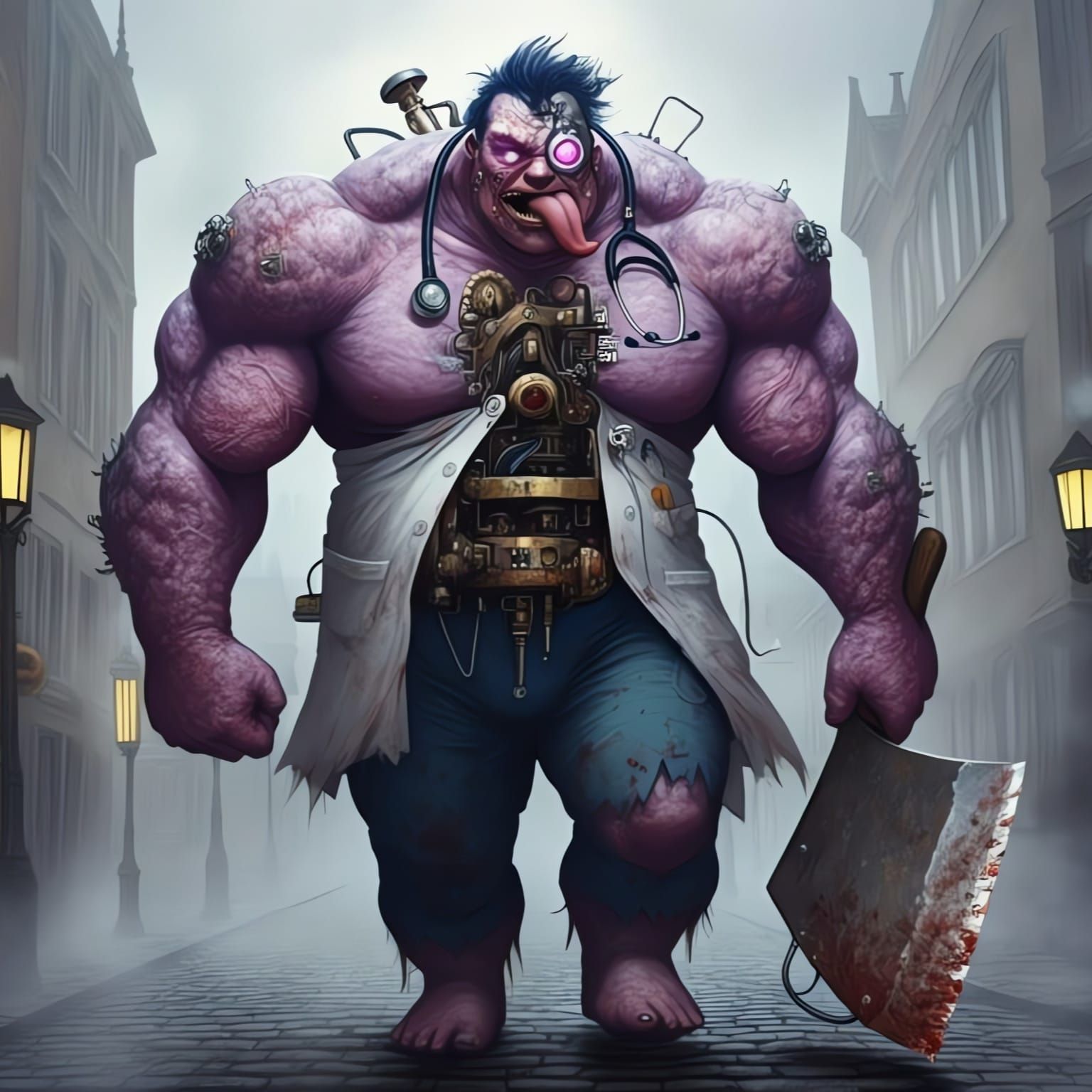 Hulking Figure with Bruised Purple Skin and Unnatural Streng...