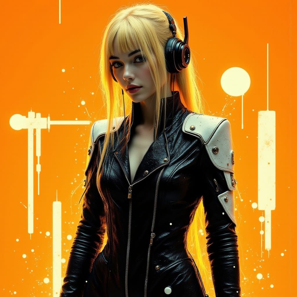 Blond Woman Listening to Music in Cyberpunk Style