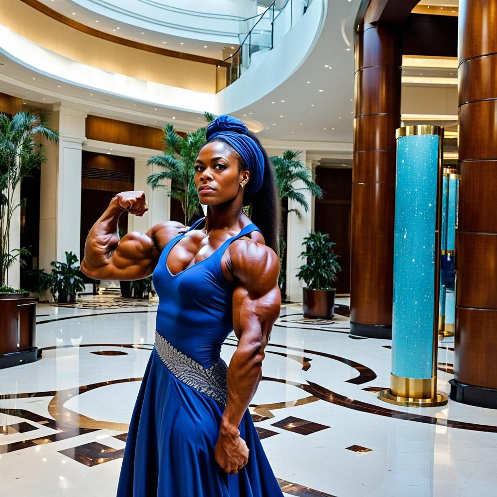 Muscular Woman in Ballgown Flexing Biceps