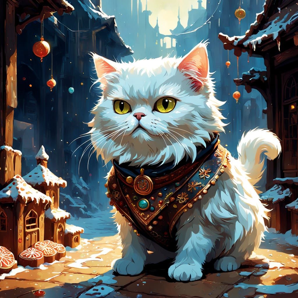 Whimsical Persian Cat in Gingerbread Regalia