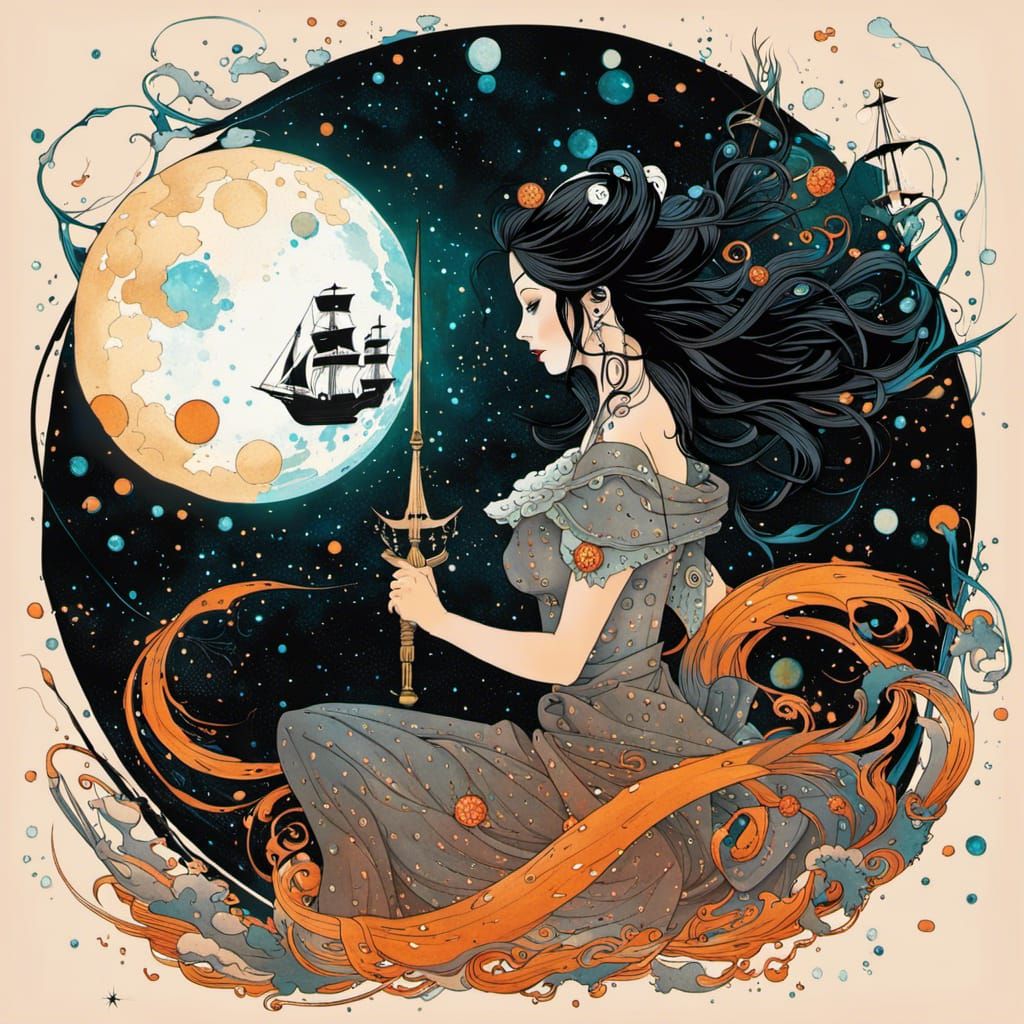 Cyberpunk Pirate Ship Sailing in Cosmic Space