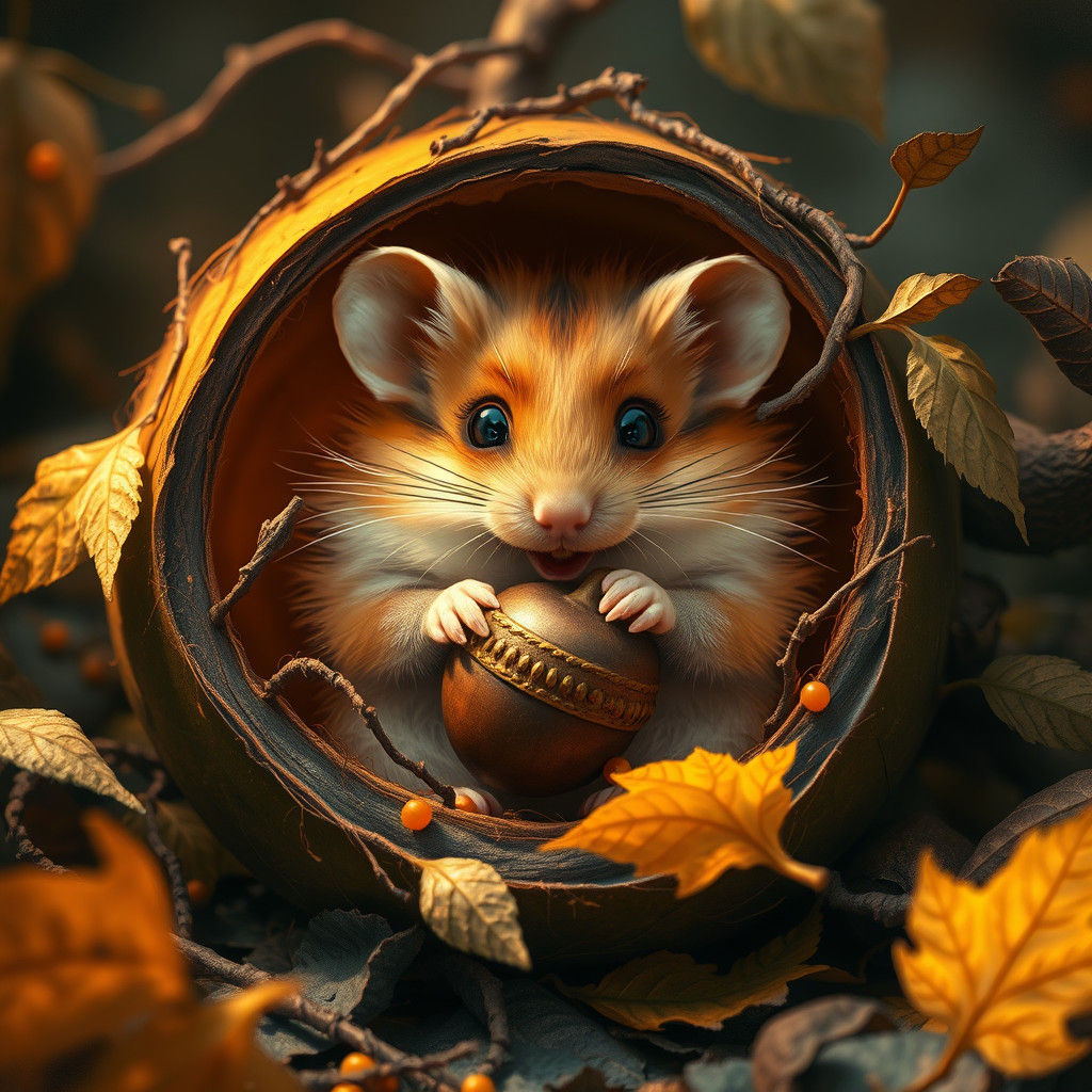 Whimsical Hamster in Autumn Light, Digital Illustration