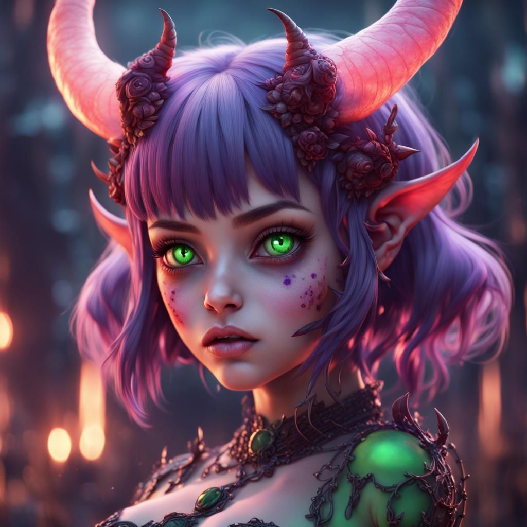 Cute Demon Girl with Purple Hair, Digital Art